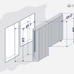 Aufmaßzeichnung einer Vertikaljalousie mit einer Wendung.