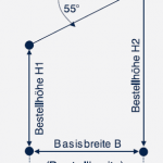 Skizzierte Bestellmaße einer schrägen Vertikaljalousie.